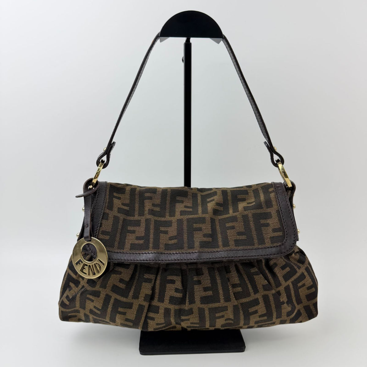 Fendi Zucca Chef Flap Shoulder Bag Canvas Brown Dark Gold Vintage