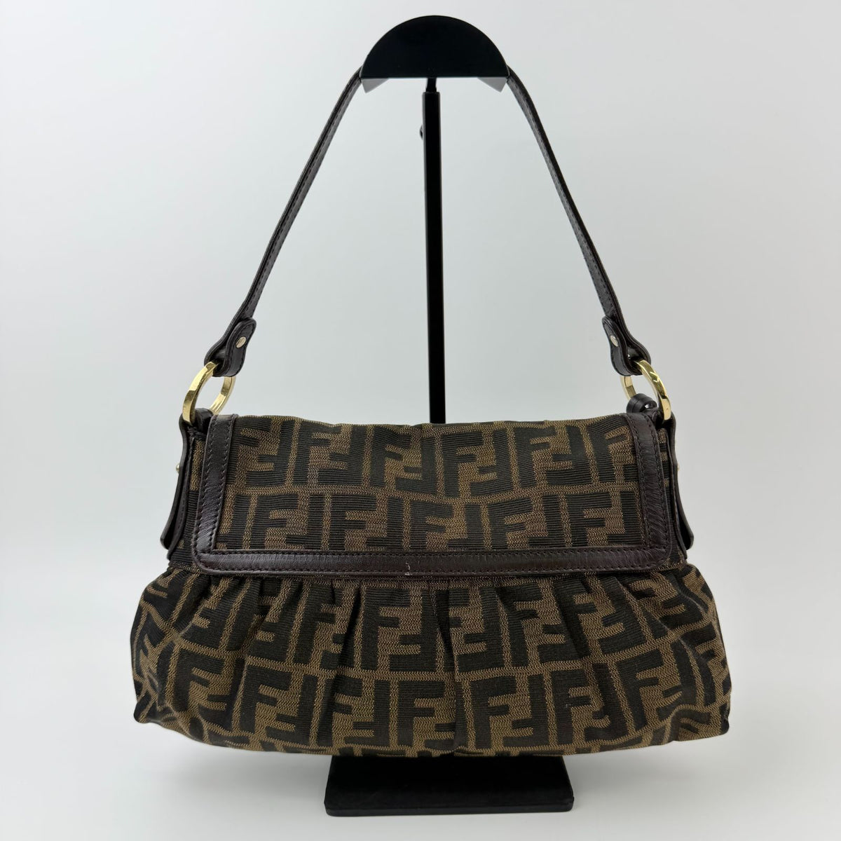 Fendi Zucca Chef Flap Shoulder Bag Canvas Brown Dark Gold Vintage — view 2