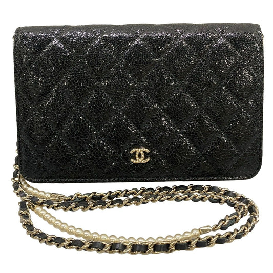 Chanel Wallet Quilted Black Chain Leather Shoulder Bag