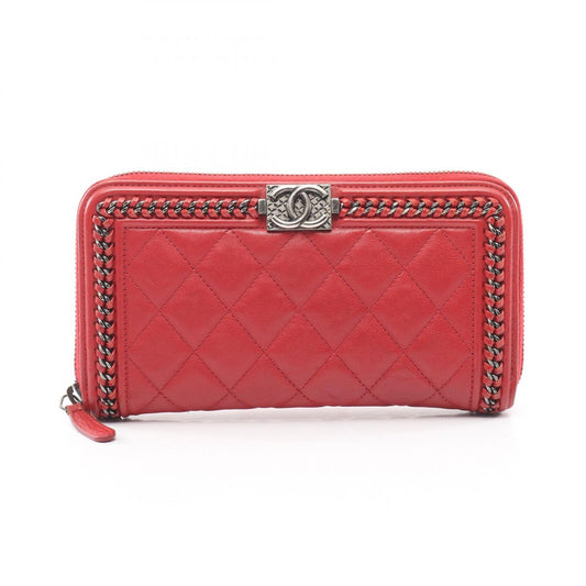 Chanel Round Wallet Boy Antique Silver Red Leather