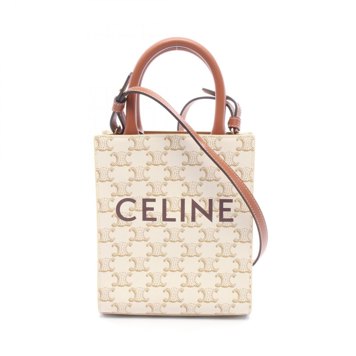 Celine Handbag Mini Vertical Cabas Triomphe 2-Way White Brown Leather