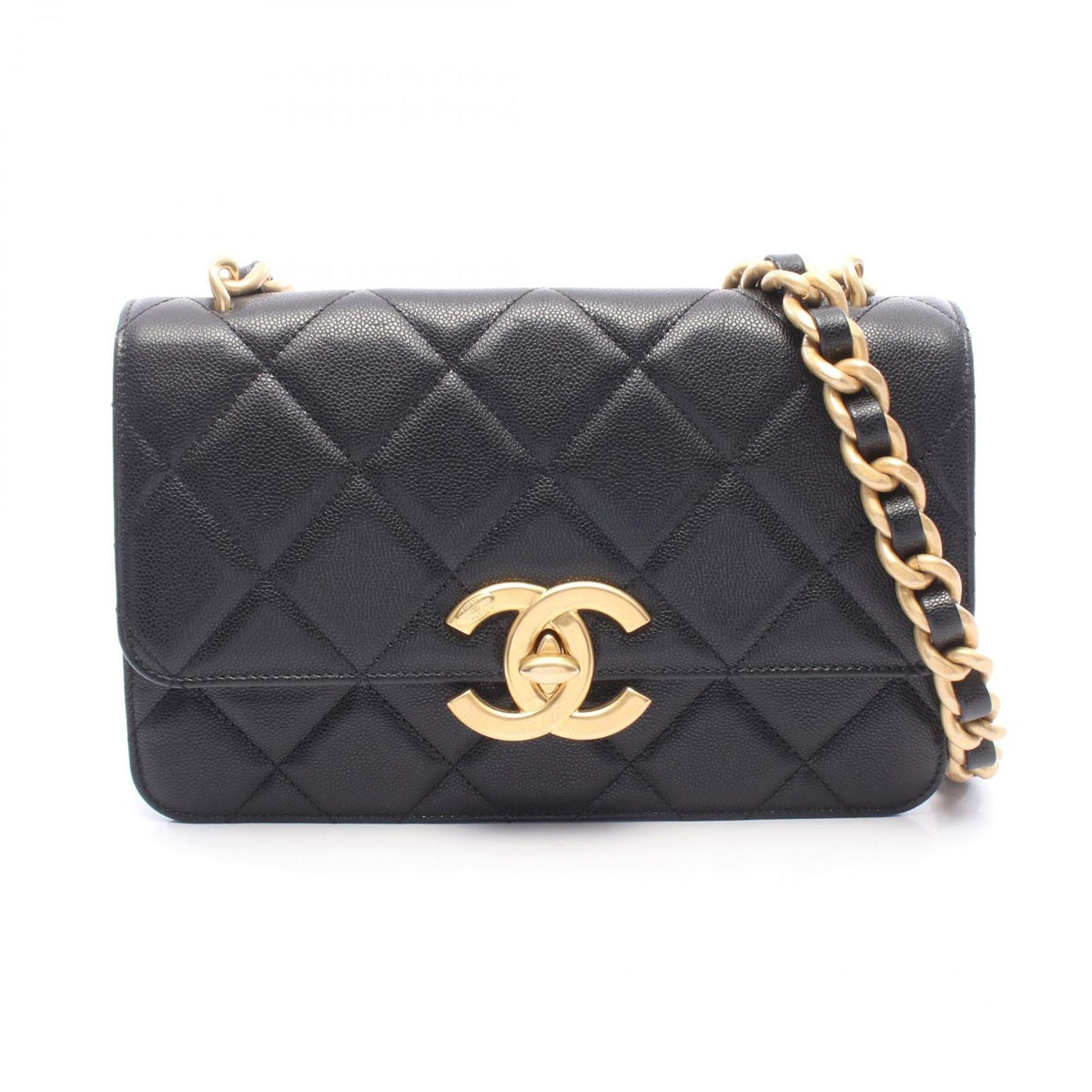 Chanel Shoulder Bag Quilted Black Caviar Leather Flap Chain