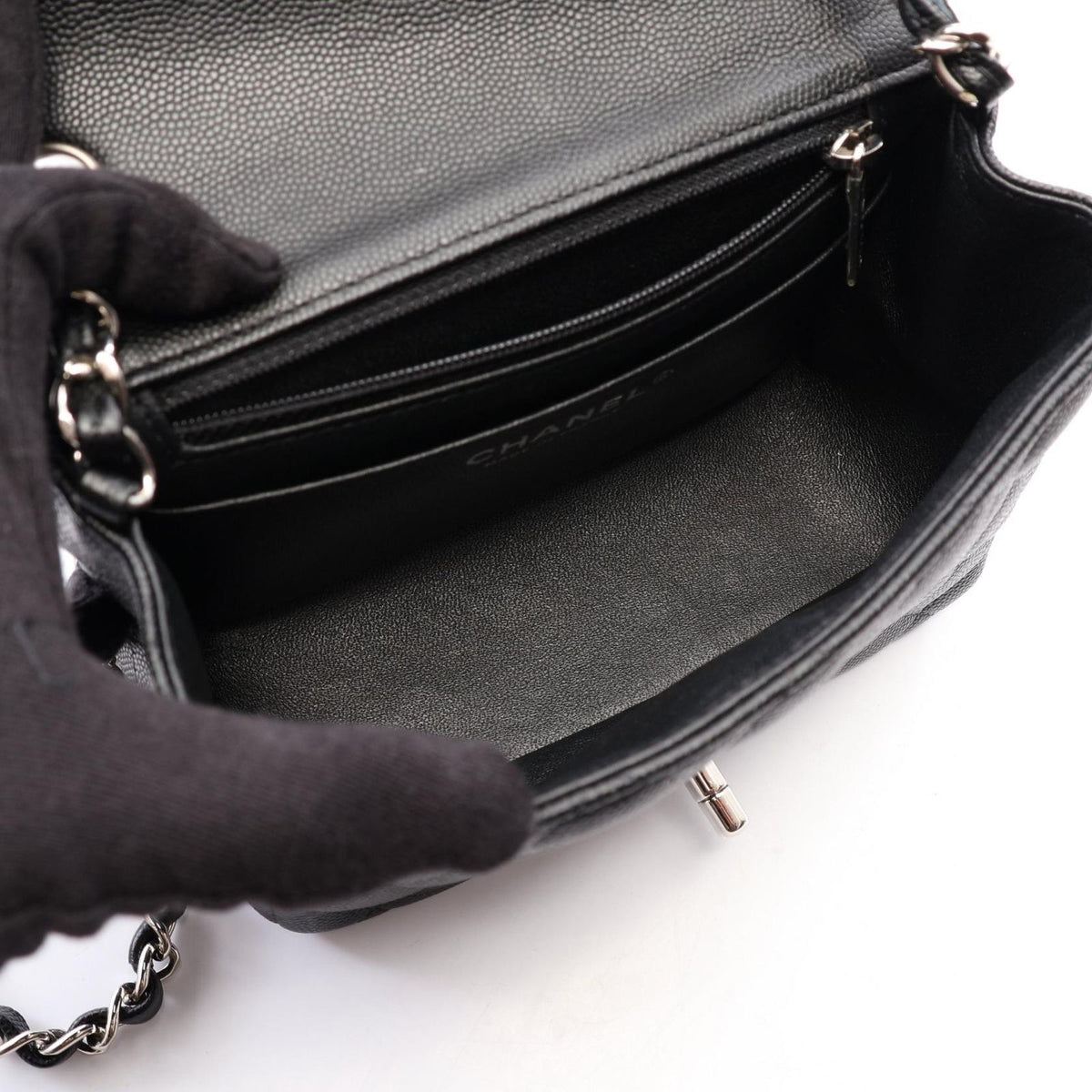 Chanel Shoulder Bag Mini Quilted Black Caviar Leather Chain — view 3