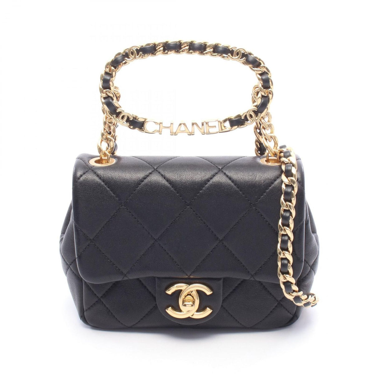 Chanel Shoulder Bag Mini Quilted Top Handle Black Lambskin Chain