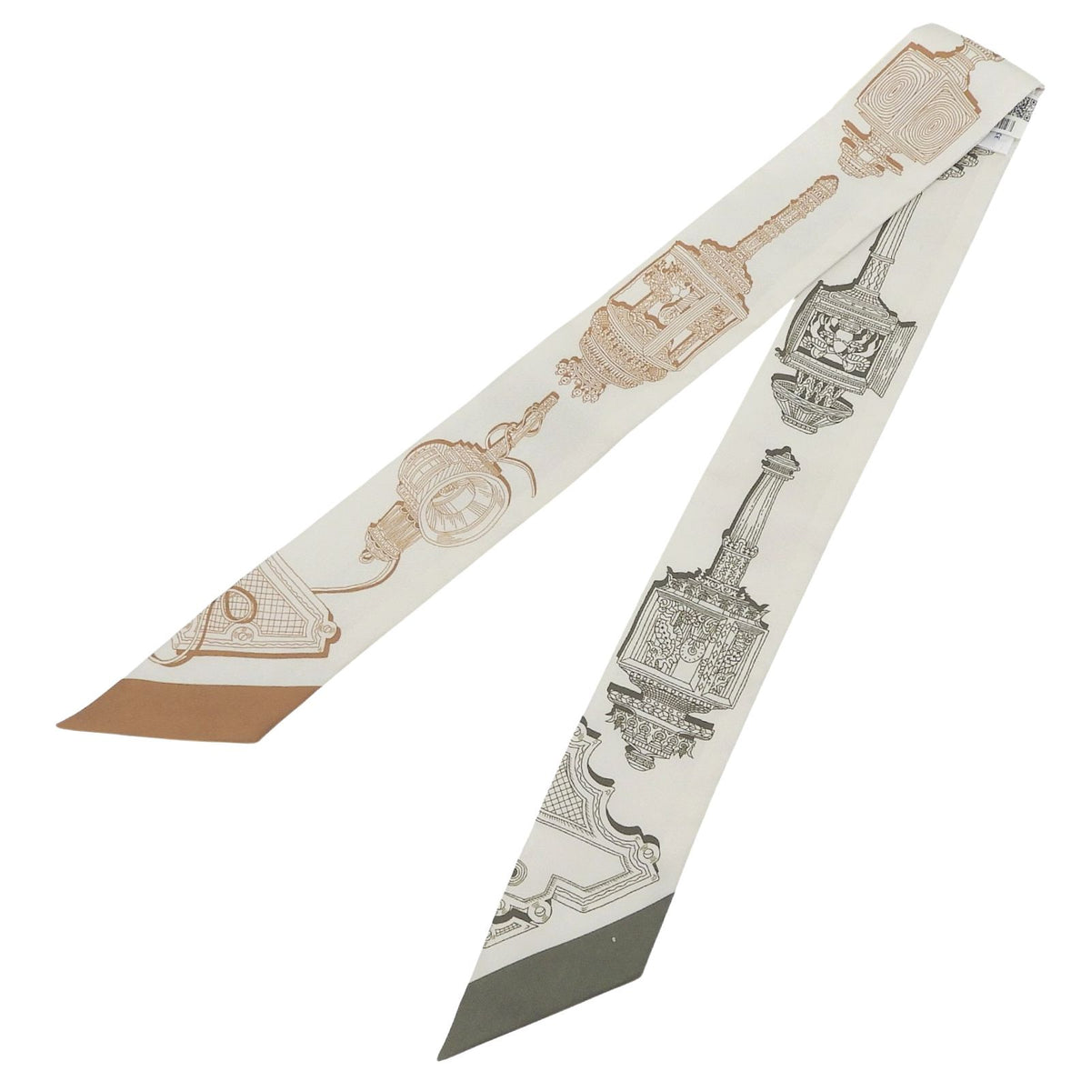 Hermes Twilly Merveilleuse Lantern Silk 100% Cream Glitter le Khaki Scarf — view 3