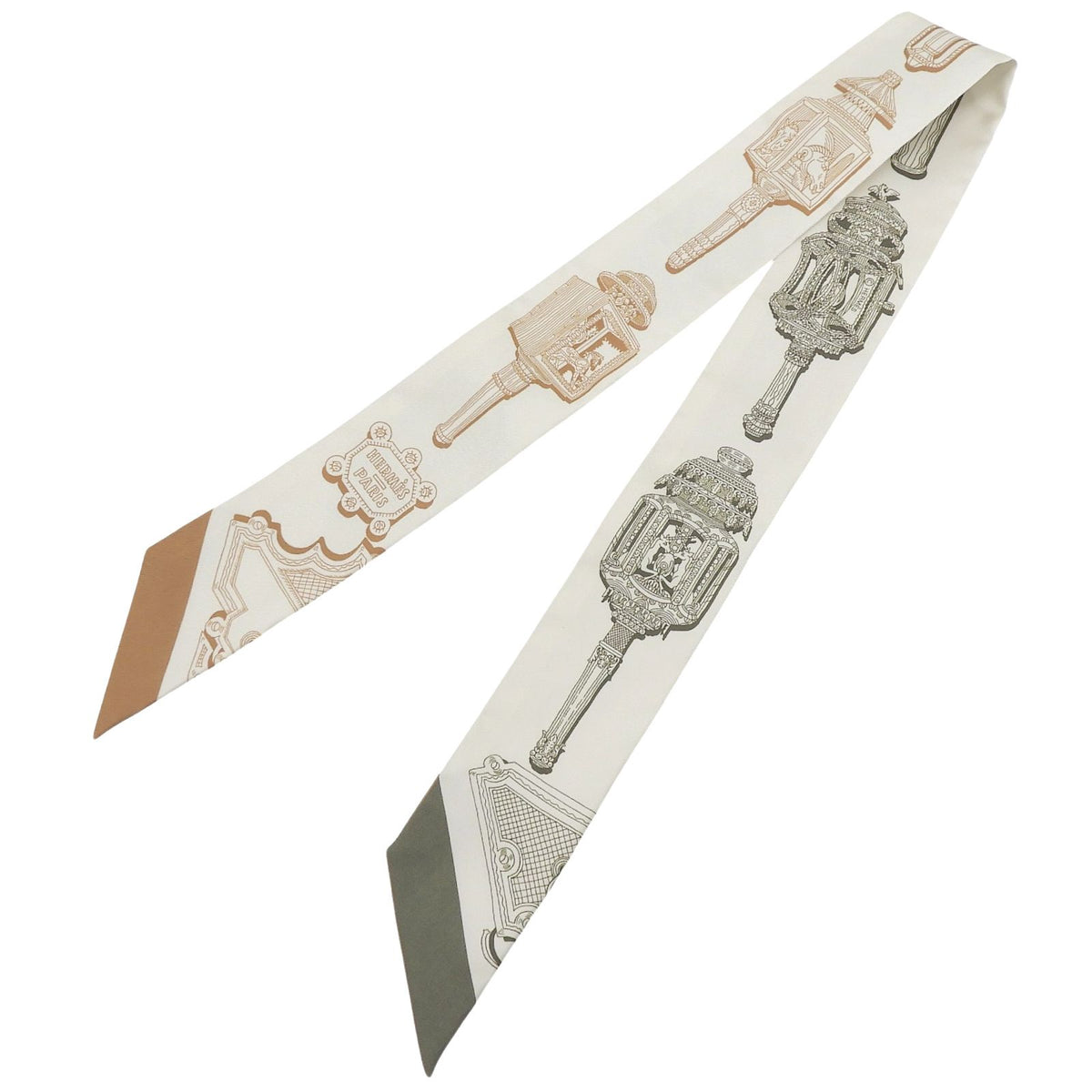 Hermes Twilly Merveilleuse Lantern Silk 100% Cream Glitter le Khaki Scarf