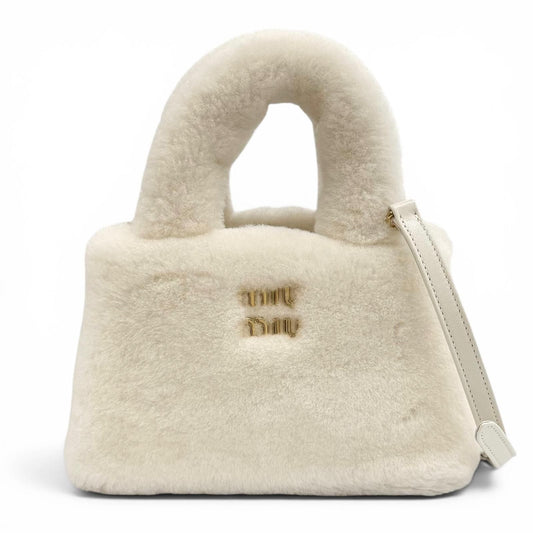 Miu Miu Sheepfur with Logo Plate Shearling 2-Way Handbag White