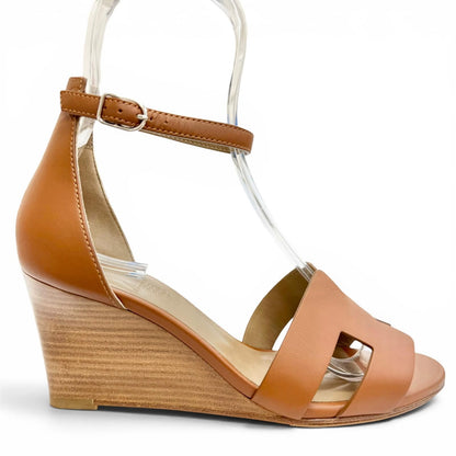 Hermes Legend H Logo Ankle Strap Leather Wedge Sole Sandals Brown — view 7