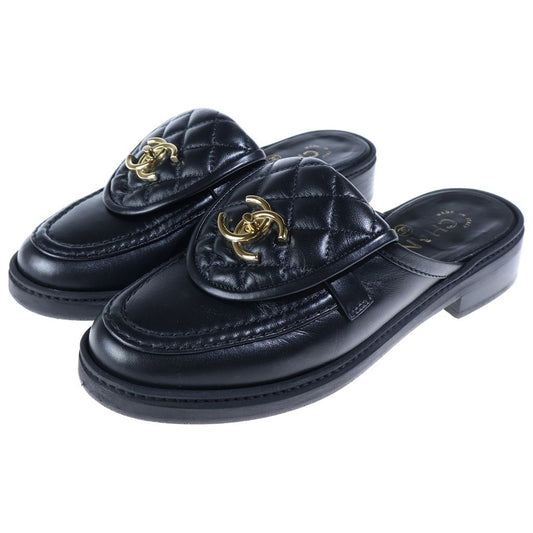 Chanel CC Logo Quilted Turnlock Leather Loafers Shoes Black Lambskin Gold
