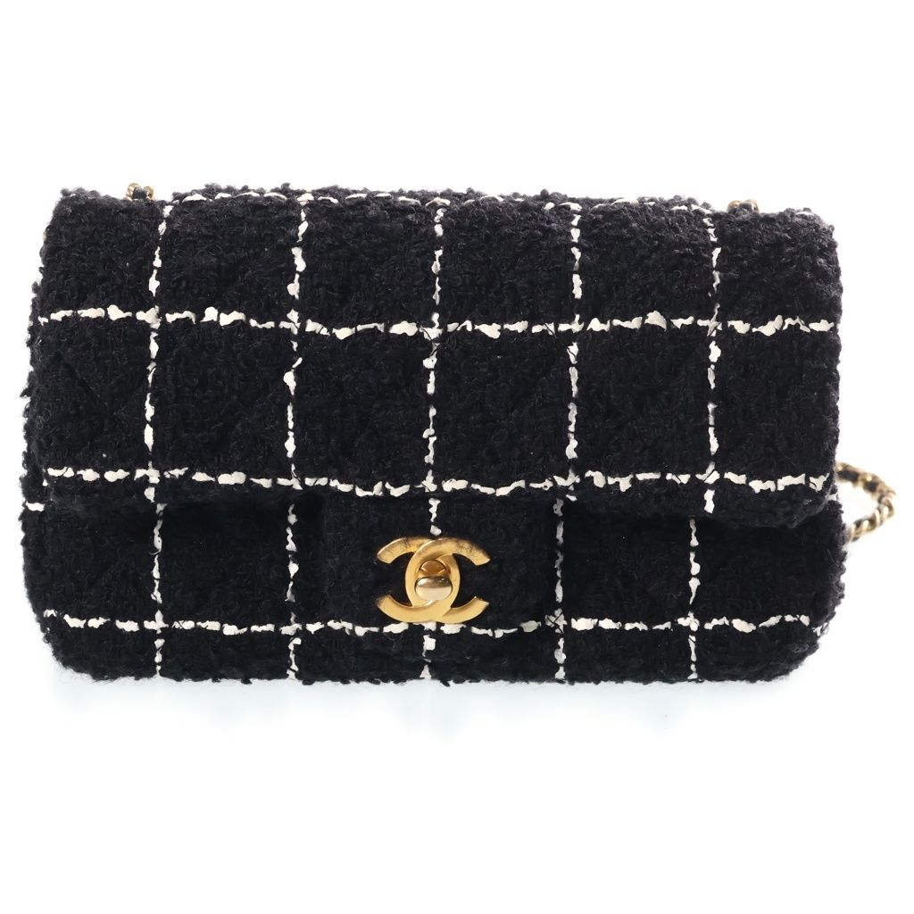 Chanel Mini Quilted 20 Tweed Chain Shoulder Bag Gold Black