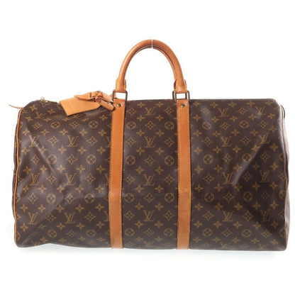 Louis Vuitton Monogram Keepall 55 Boston Bag Brown Leather Gold