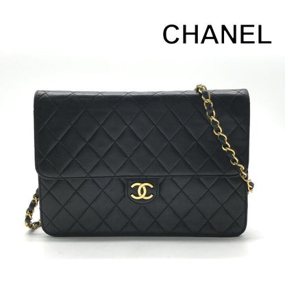 Chanel CC Logo Quilted Lambskin Chain Shoulder Bag Black Push Lock