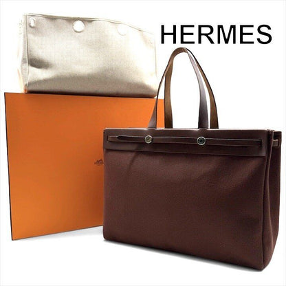 Hermes Herbag Cabas GM Brown Canvas Tote Bag Gold Shikaku