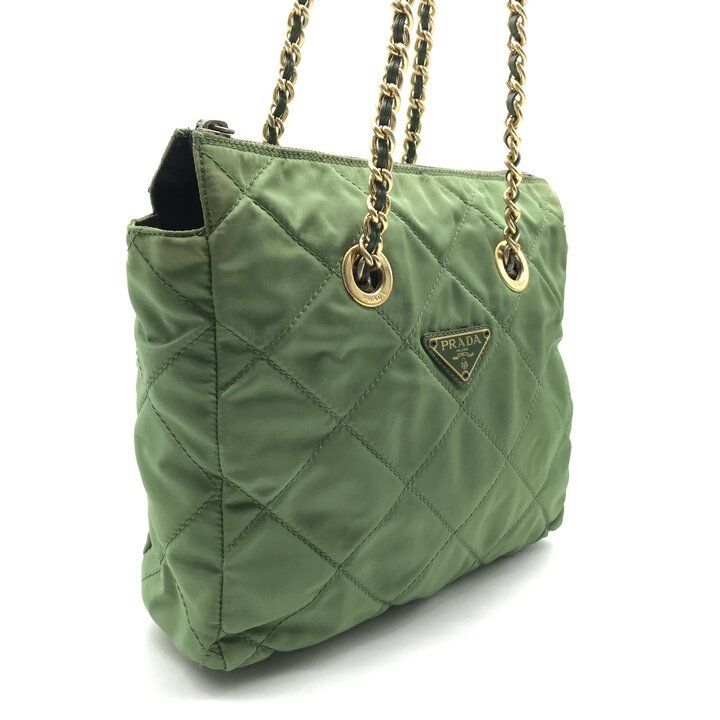 Prada Quilted Nylon Chain Tote Shoulder Bag Green — view 2