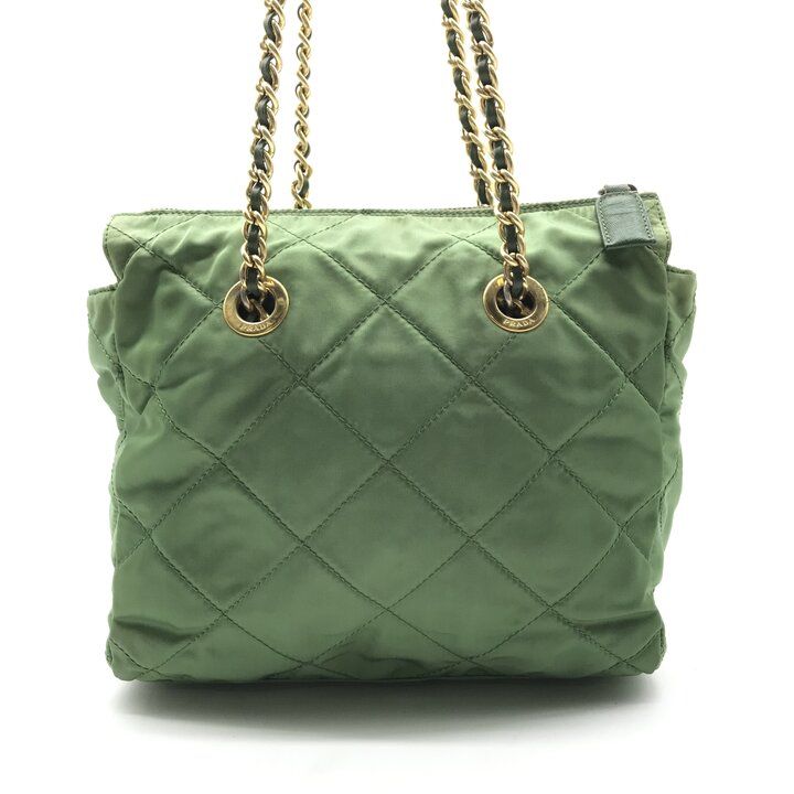 Prada Quilted Nylon Chain Tote Shoulder Bag Green — view 3