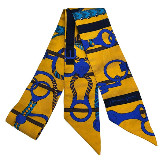 Hermes Scarf Twilly Yellow Blue Brown Ribbon Panoplie Equestre Horse Riding