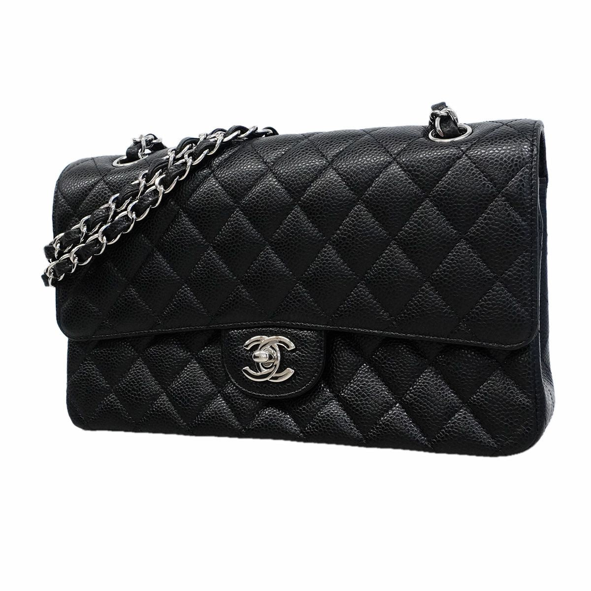 Chanel Shoulder Bag Quilted Caviar Leather Black Silver