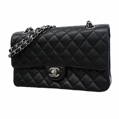 Chanel Shoulder Bag Quilted Caviar Leather Black Silver