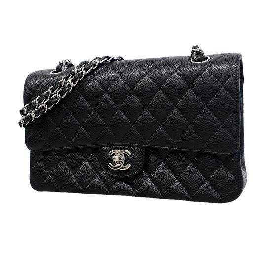 Chanel Shoulder Bag Quilted Caviar Leather Black Silver