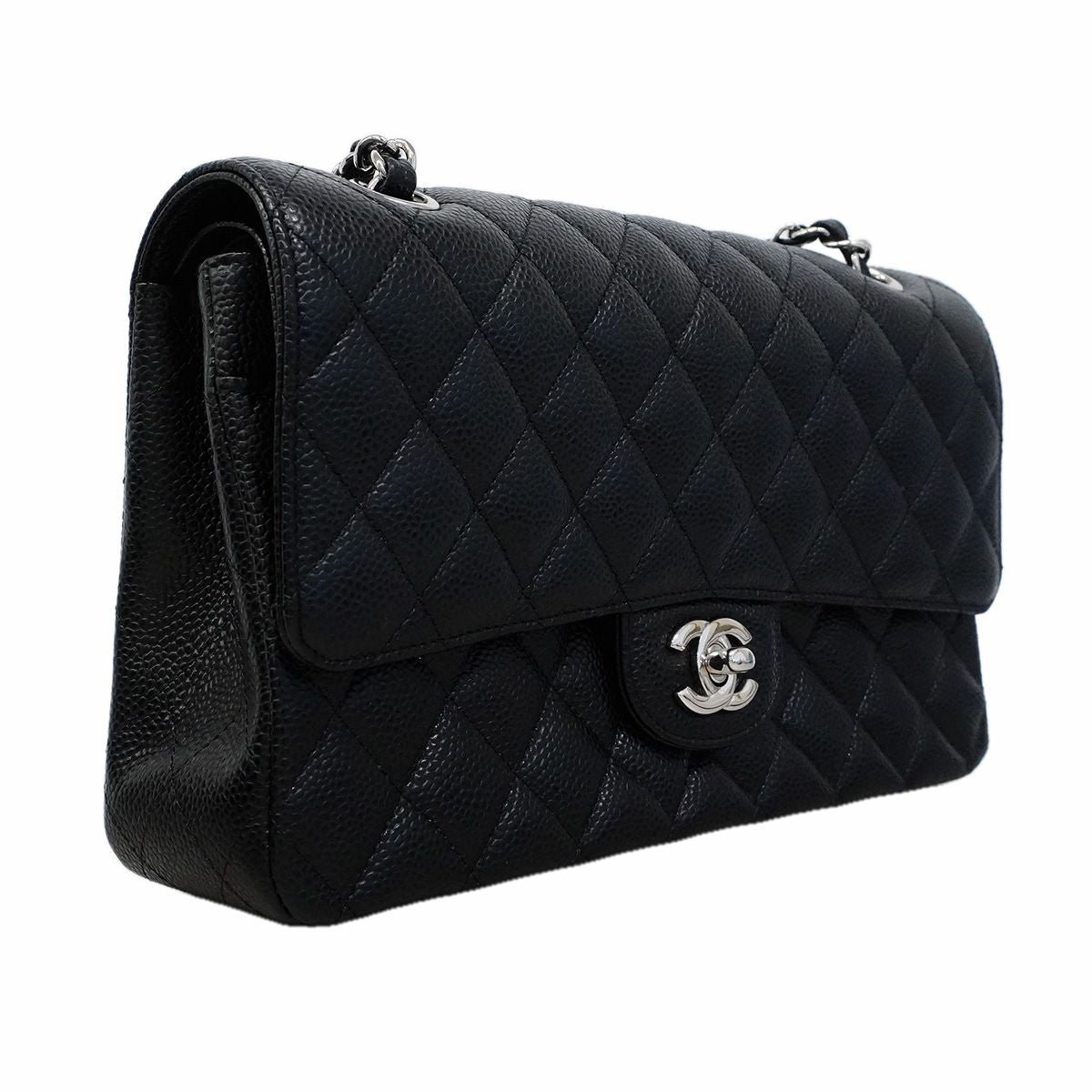 Chanel Shoulder Bag Quilted Caviar Leather Black Silver — view 2