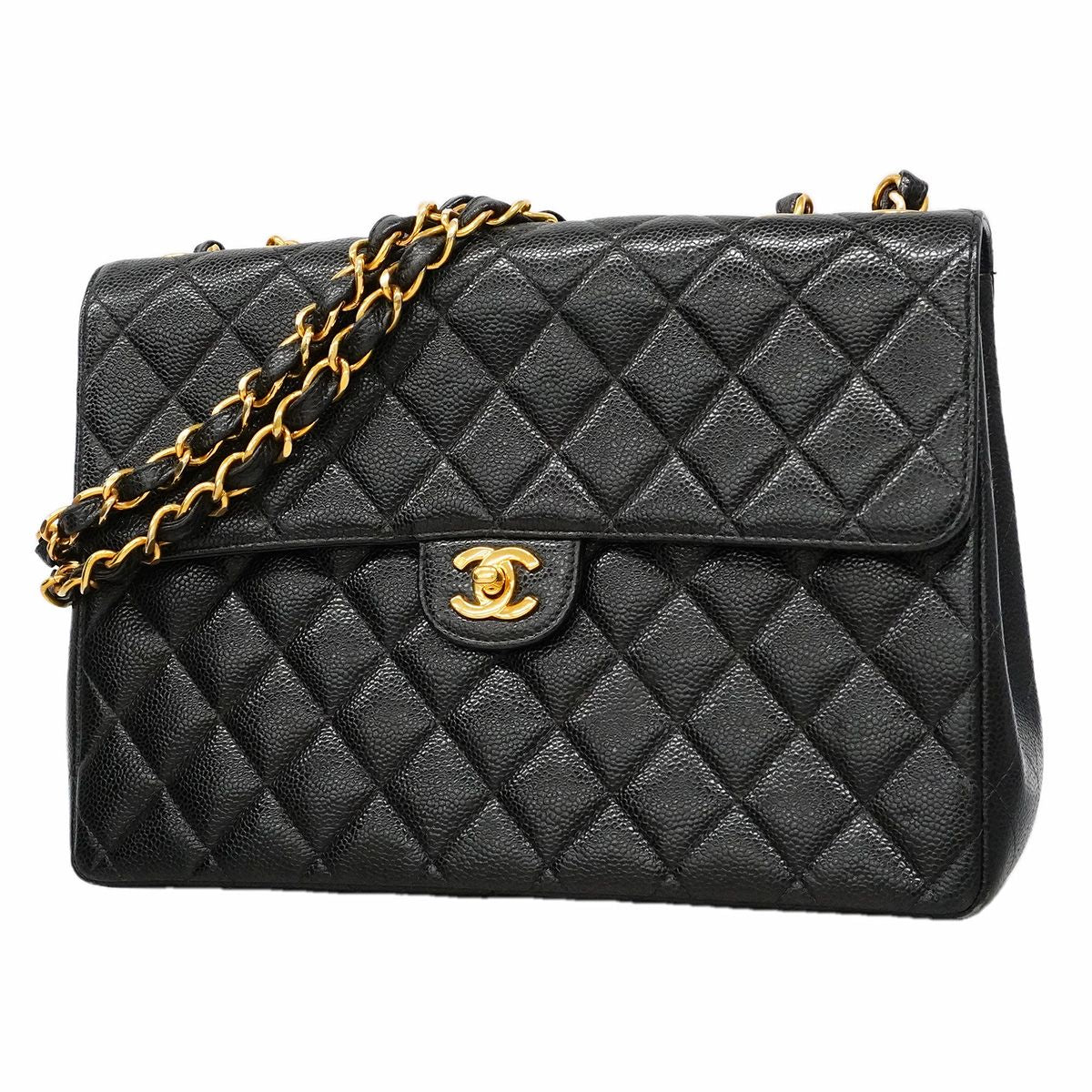 Chanel Shoulder Bag Maxi Quilted Caviar Leather Black Gold
