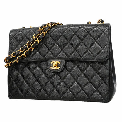 Chanel Shoulder Bag Maxi Quilted Caviar Leather Black Gold
