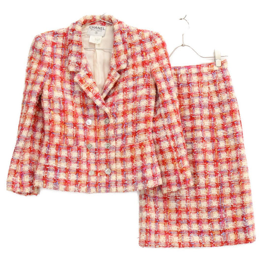 Chanel 96P Check CC Logo Button Tweed Double Jacket Skirt Set 38
