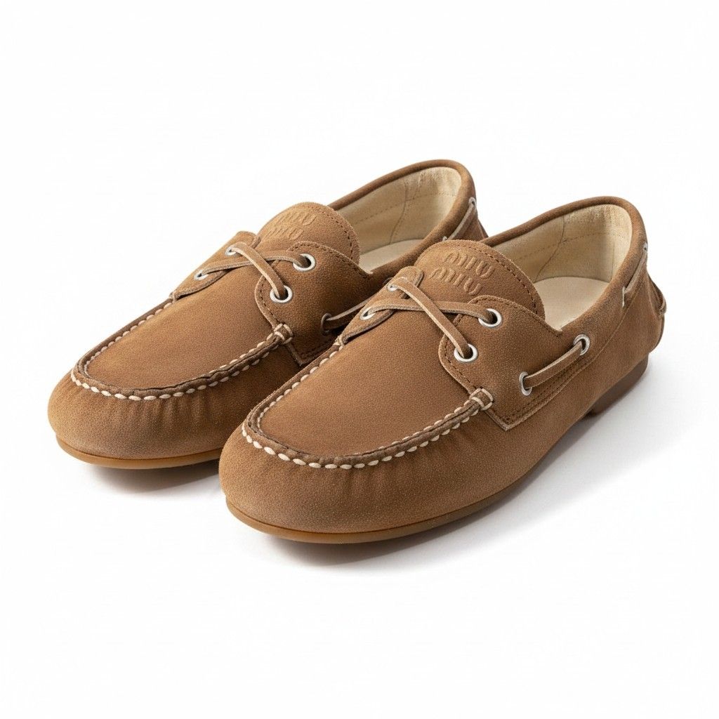 Miu Miu G7 Suede Loafers Deck Shoes Embossed Logo Brown Leather