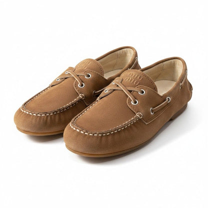 Miu Miu G7 Suede Loafers Deck Shoes Embossed Logo Brown Leather