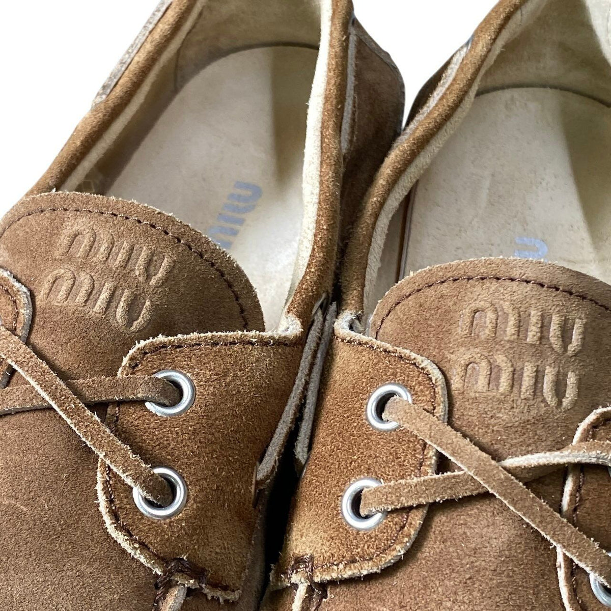 Miu Miu G7 Suede Loafers Deck Shoes Embossed Logo Brown Leather — view 8