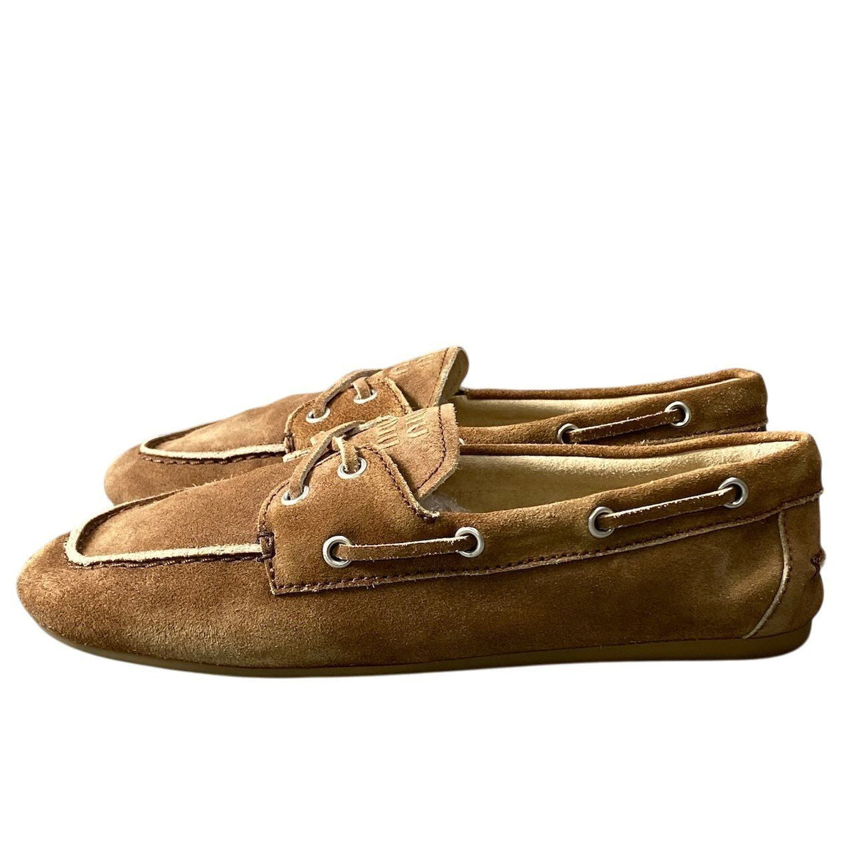 Miu Miu G7 Suede Loafers Deck Shoes Embossed Logo Brown Leather — view 3