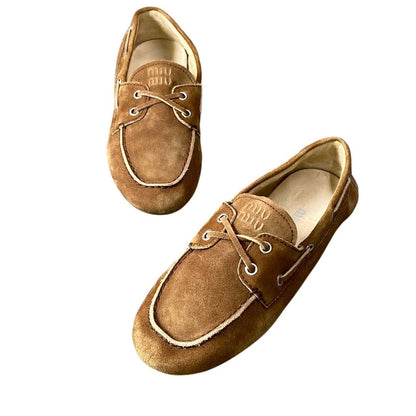 Miu Miu G7 Suede Loafers Deck Shoes Embossed Logo Brown Leather — view 5