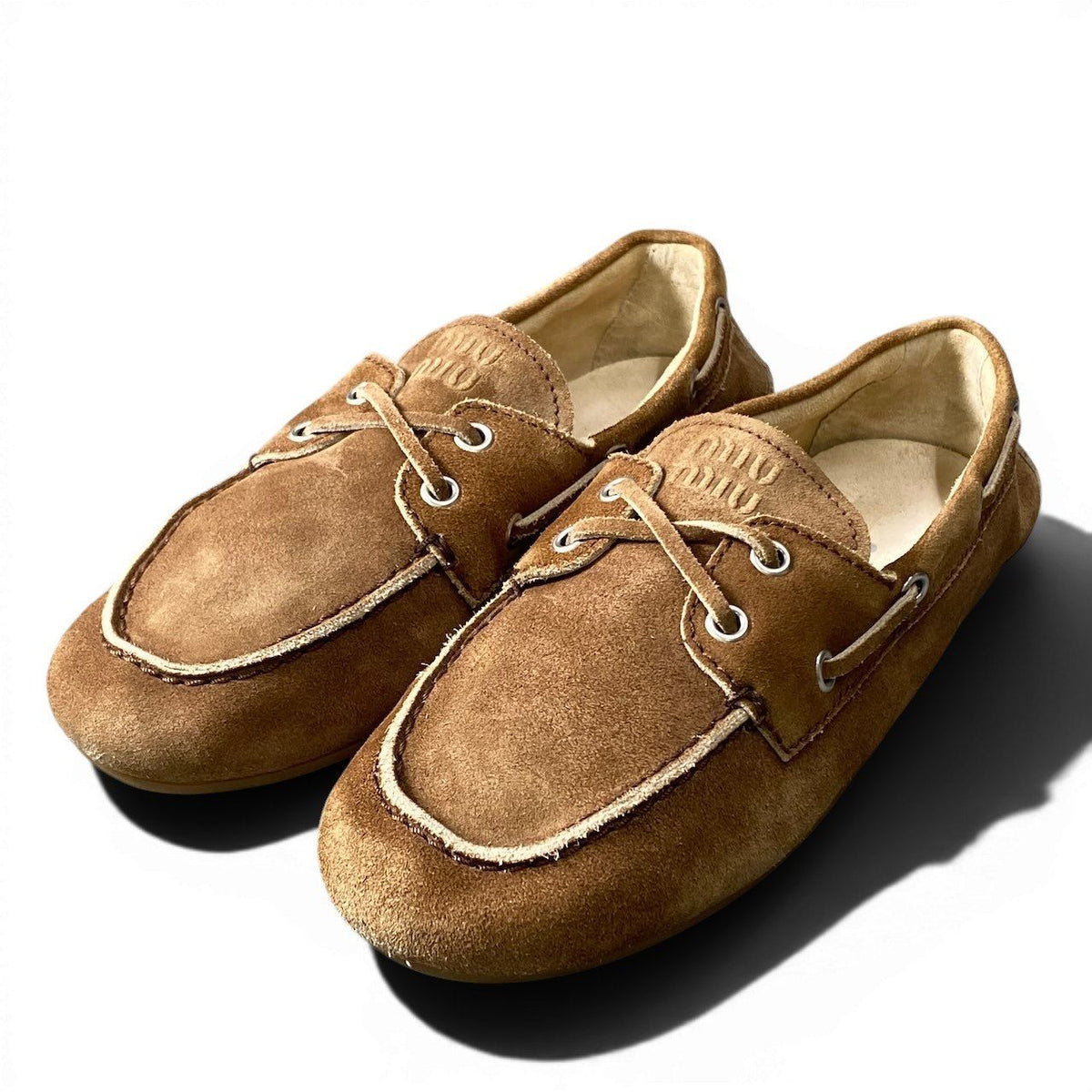 Miu Miu G7 Suede Loafers Deck Shoes Embossed Logo Brown Leather — view 2
