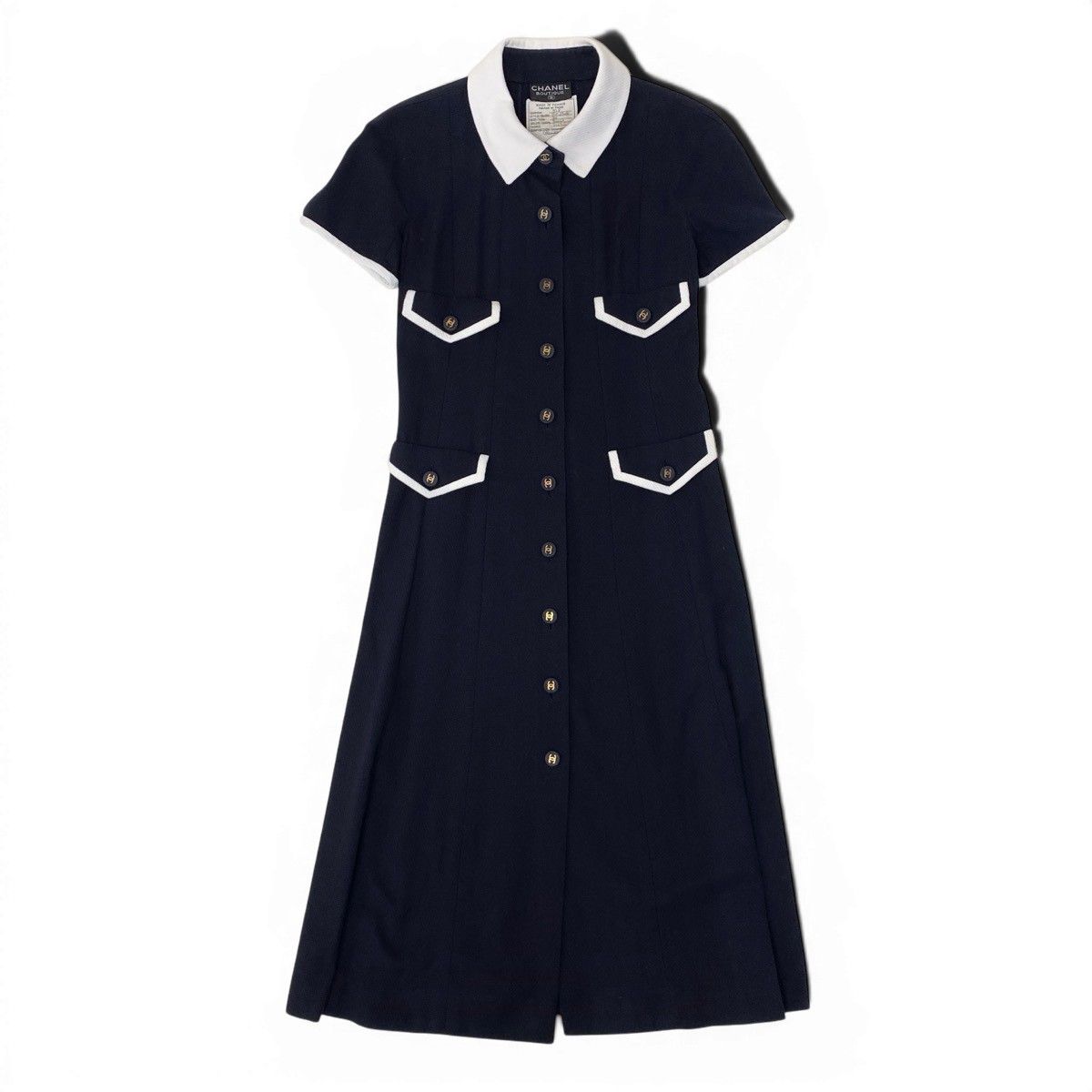 Chanel Runway CC Logo Button Dress Navy White Cotton — view 2