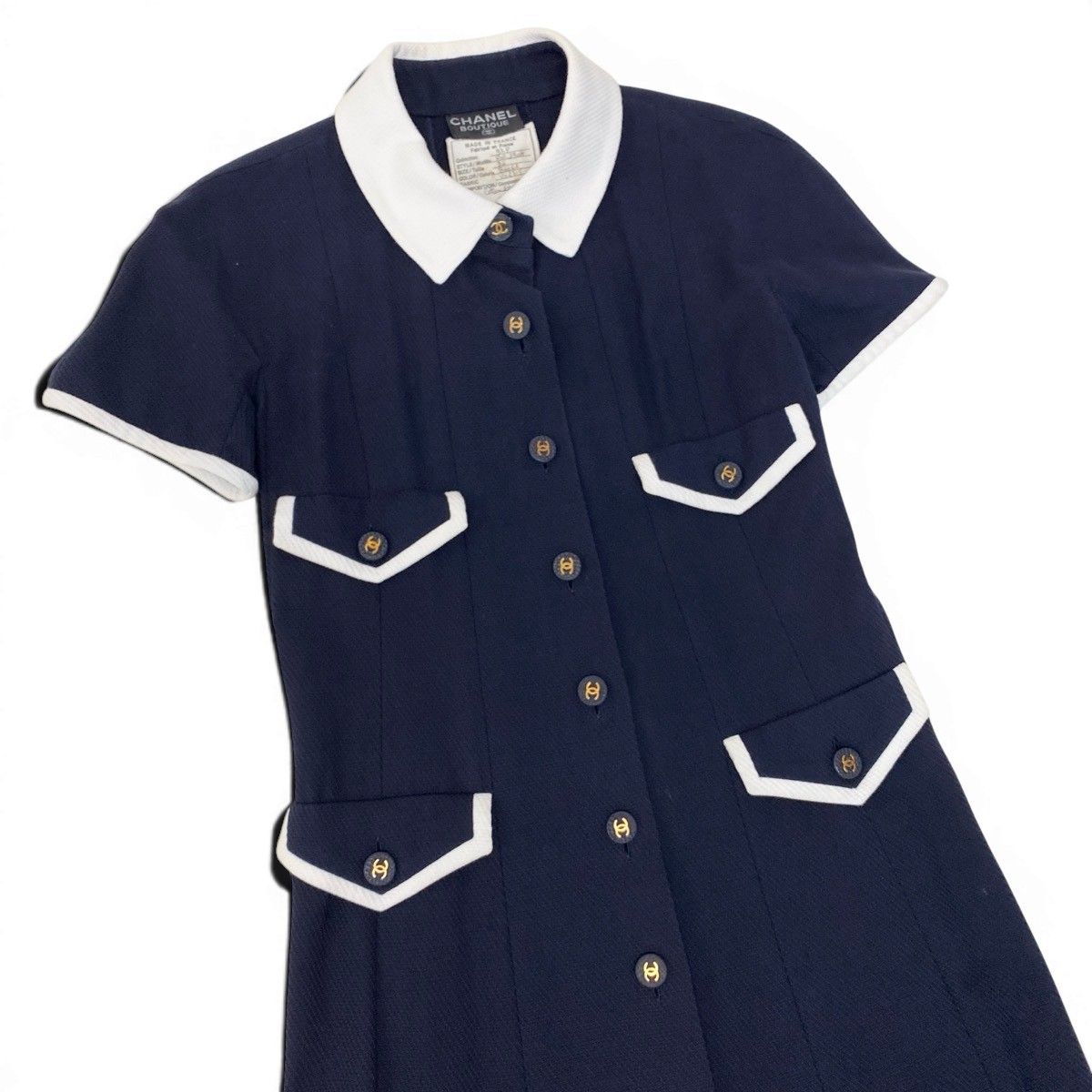 Chanel Runway CC Logo Button Dress Navy White Cotton — view 4
