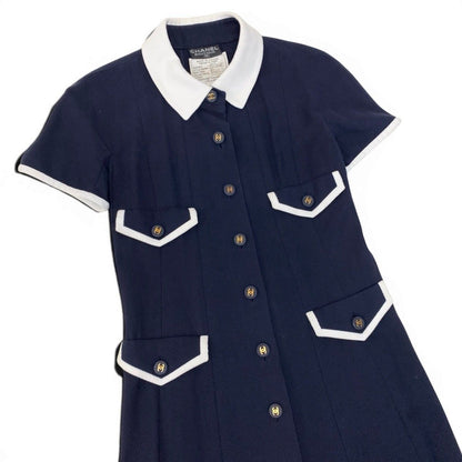 Chanel Runway CC Logo Button Dress Navy White Cotton — view 4