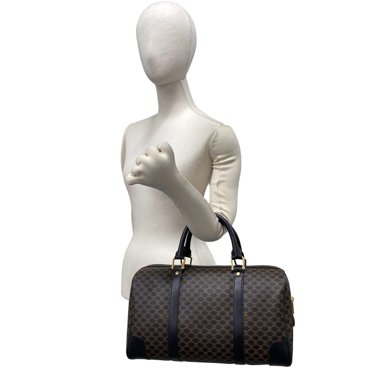 Celine Vintage Macadam Blason Pattern Leather Mini Boston Bag Black Brown — view 2