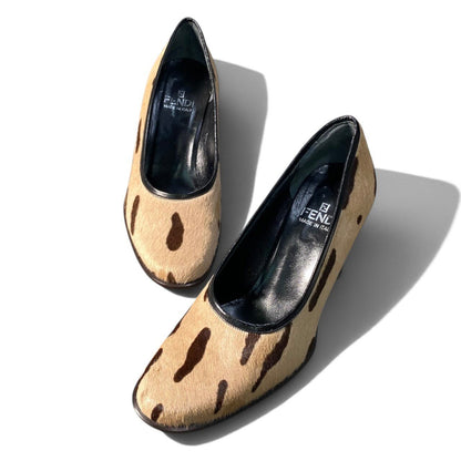 Fendi Calf Hair Vintage Pumps Chunky Heel Shoes Beige Brown — view 4