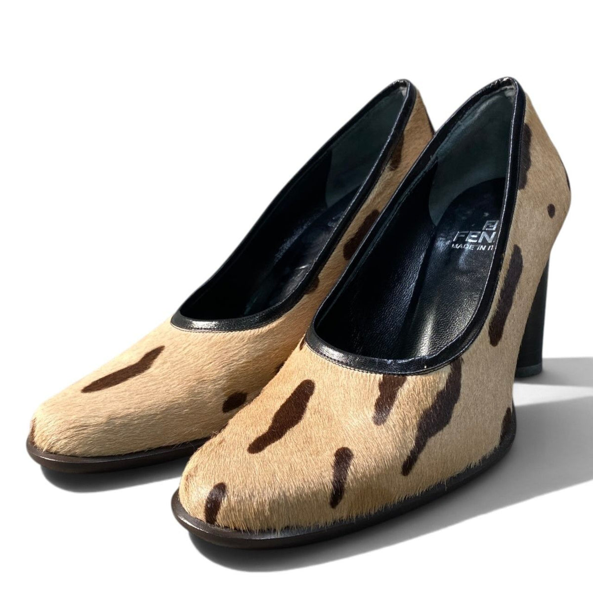 Fendi Calf Hair Vintage Pumps Chunky Heel Shoes Beige Brown