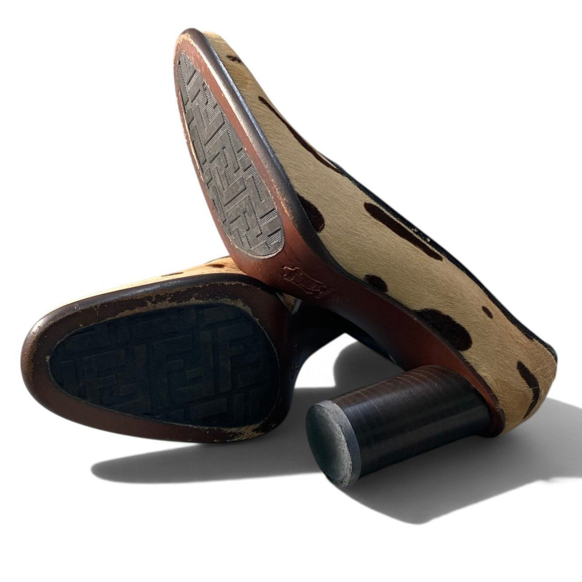 Fendi Calf Hair Vintage Pumps Chunky Heel Shoes Beige Brown — view 6