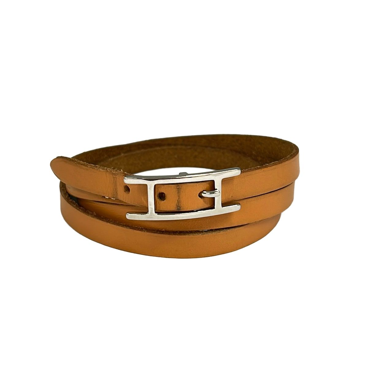 Hermes Bracelet Hapi 3 Leather Light Brown Silver