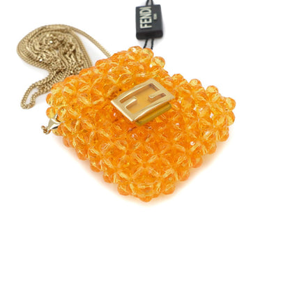 Fendi Pico Baguette Chain Shoulder Pouch Beads Leather Orange Charm — view 4