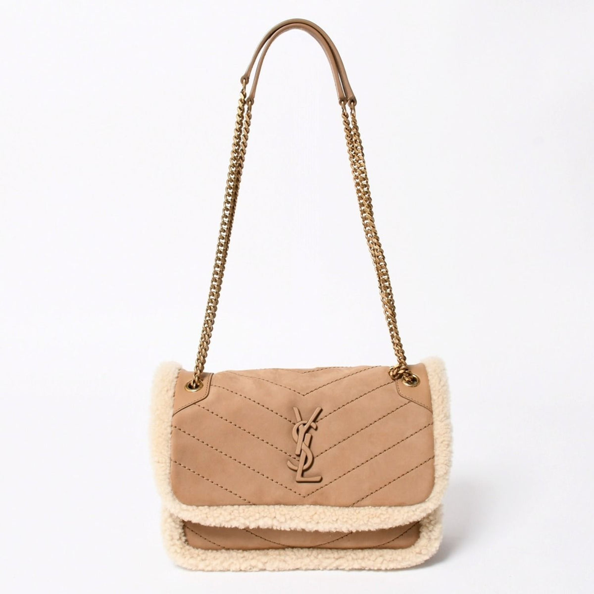 Saint Laurent Niki Shearling Shoulder Bag Brown Beige Gold — view 2
