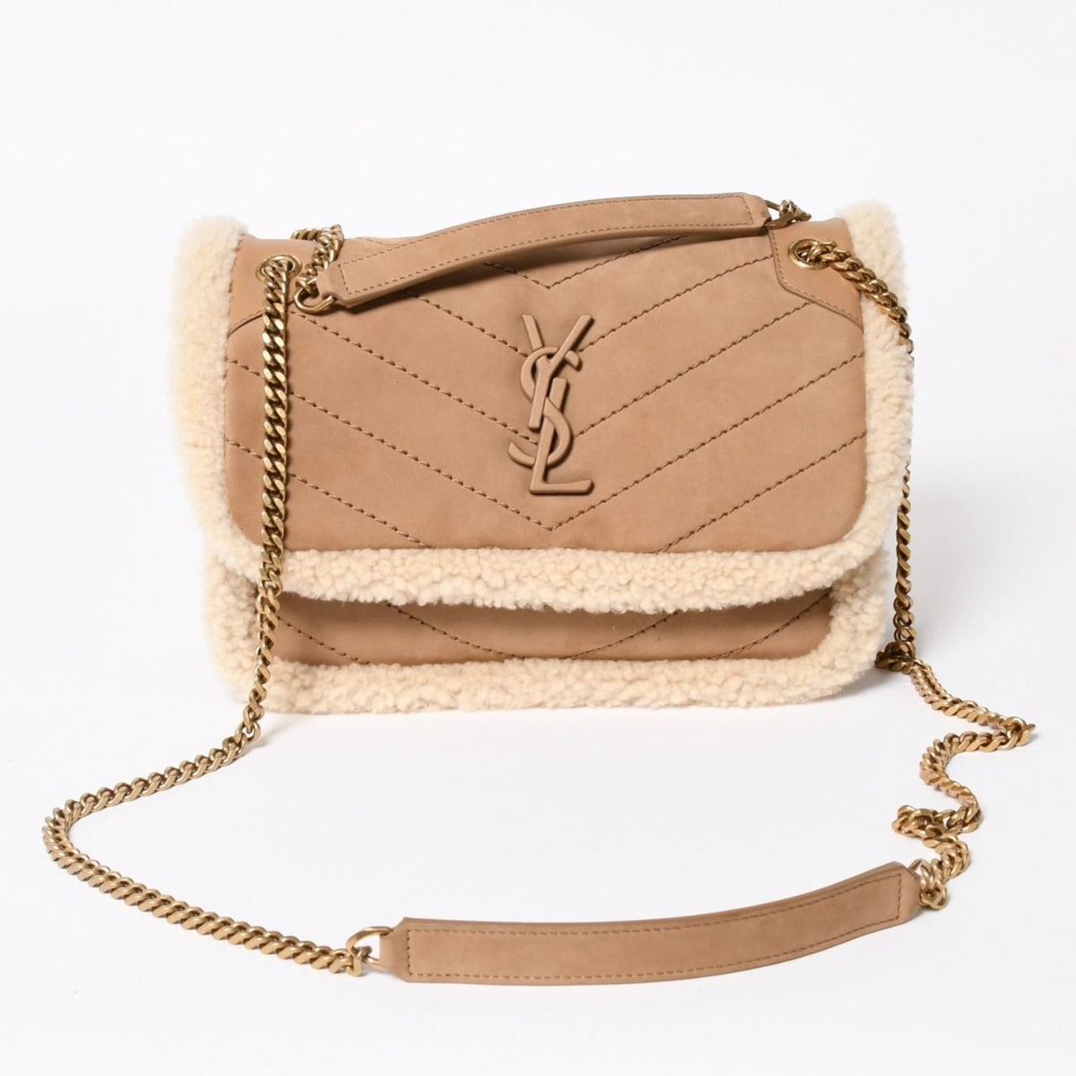 Saint Laurent Niki Shearling Shoulder Bag Brown Beige Gold