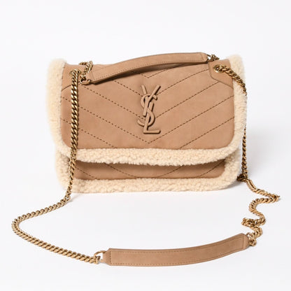 Saint Laurent Niki Shearling Shoulder Bag Brown Beige Gold