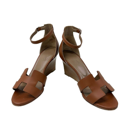 Hermes Pumps Legend Dark Brown Wedge Sole Open Toe Leather Heels — view 2