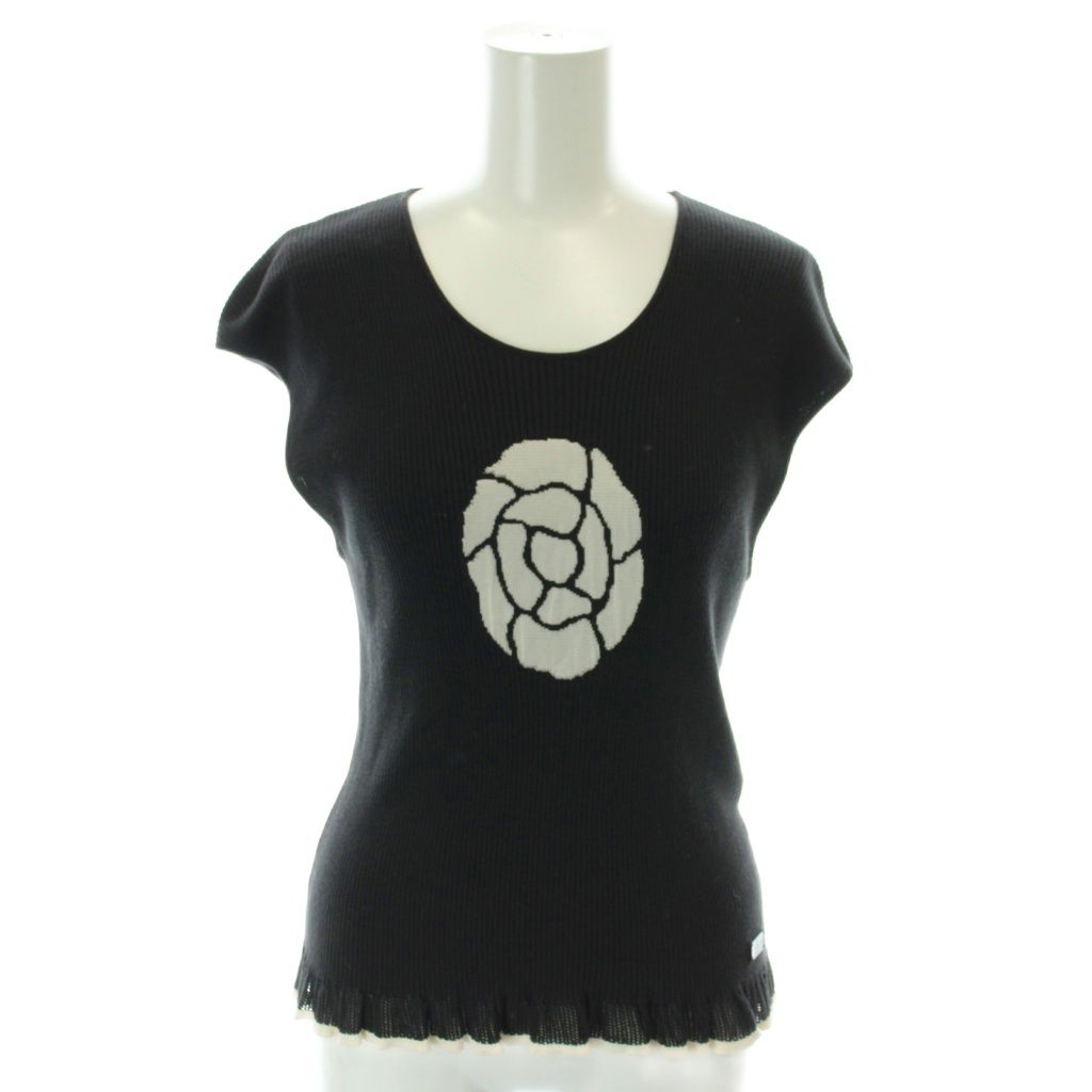 Chanel Rib Knit Sleeveless Top Cotton Silk Blend Camellia Black Sweater 42