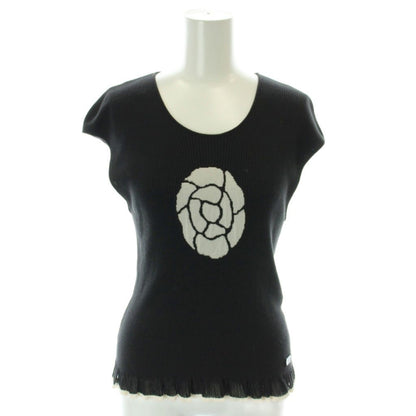 Chanel Rib Knit Sleeveless Top Cotton Silk Blend Camellia Black Sweater 42