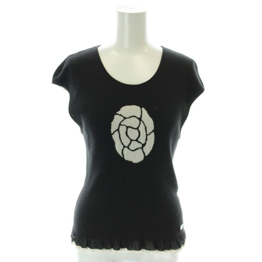 Chanel Rib Knit Sleeveless Top Cotton Silk Blend Camellia Black Sweater 42