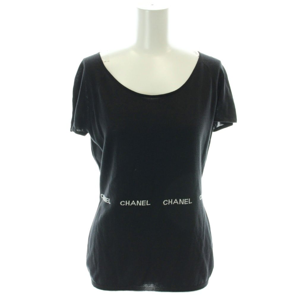 Chanel Knit Short Sleeve Cotton Logo Black Sweater 42